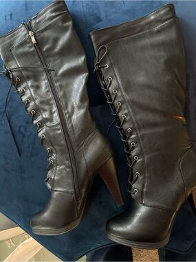 Women’s Intaglia Black Lace-Up High Heel Extra Wide Calf Knee Boots